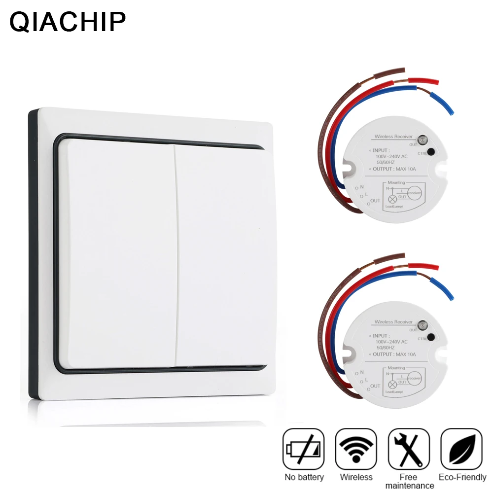 

QIACHIP Wireless Light Switch Remote Control Switch Light Ventilator Fans 10A Self Powered No Battery No WiFi No Wire Need DIY