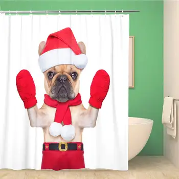 

66x72 Inches Shower Curtain Santa Claus Christmas Dog on White Waving Hands Selfie Advent Animal Boxer Bulldog Waterproof