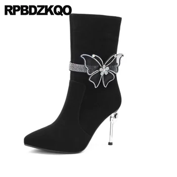 

snakeskin sheepskin big size metal heel boots high women stiletto diamond black handmade shoes pointed toe snake cute rhinestone