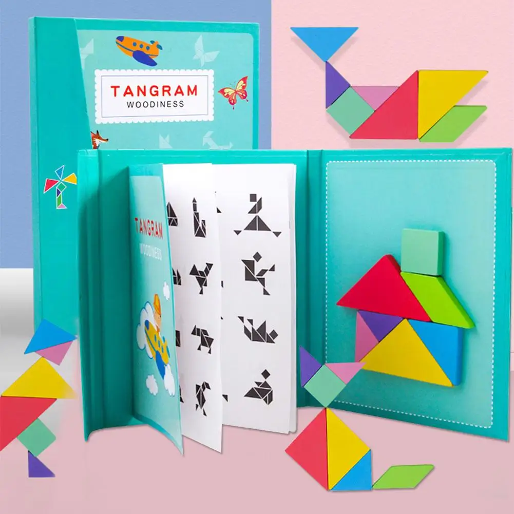Tangram Игра Головоломка путешествия игры головоломки Красочные книги форма обучающая игрушка Дети деревянный магнитный Танграм путешествия игры