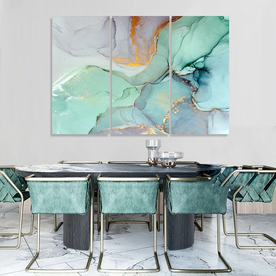 

3 Panels Abstract Teal Marble Artwork Canvas Paintings Posters Prints Wall Art Pictures for Living Room Office Home Decor