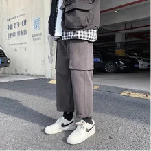 Осенние хлопковые брюки, мужские Модные однотонные повседневные Комбинезоны с несколькими карманами, мужские уличные свободные прямые брюки в стиле хип-хоп