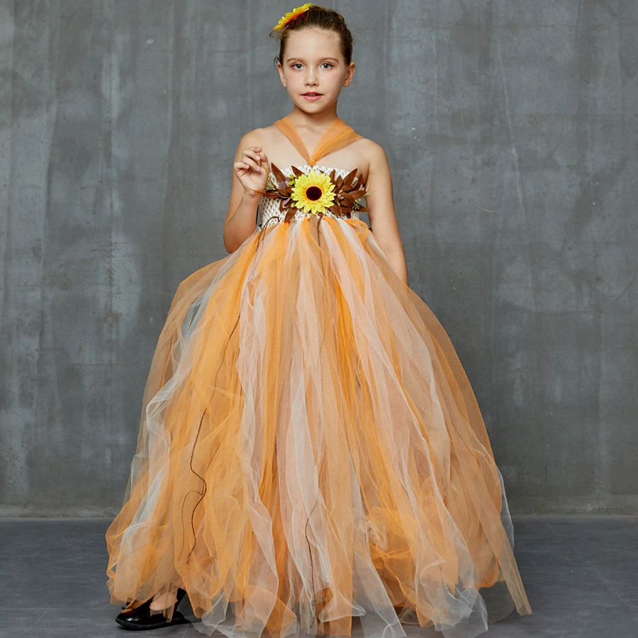 Fall Colored Girls Tutu Dress Autumn Scarecrow Wedding Flower Kids Tulle Dress Sassy Pretty Girl Halloween Birthday Party Costume (1)