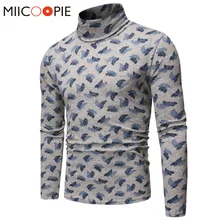 Grey Feather Print Sweater Men Casual Warm Slim Turtleneck Long Sleeves Mens Sweaters Shirt Winter Pullover Pull Tops Clothes