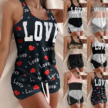Women's sleepwear Print Sleeveless Ruffles Bowknot Design Cami Shorts Lingerie Sleepwear Set Sexy stitching ladies pajamas suit