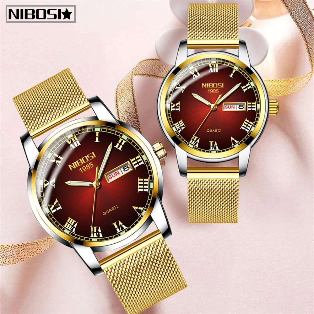Gold Mens Women Watches NIBOSI Unique Design Luxury Stainless Steel Mesh Strap Men's Fashion Casual Date Watch Relogio Feminino