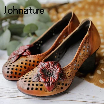 

Johnature High Heels Sandals Women Shoes Retro Spring Summer 2020 New Genuine Leather Casual Sewing Handmade Ladies Sandals