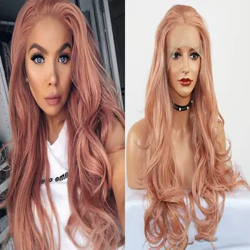 

Bomshell Rose Pink Synthetic Lace Front Wig Layerd Loose Body Wave Heat Resistant Fiber Hair Natural Hairline For Women Wigs