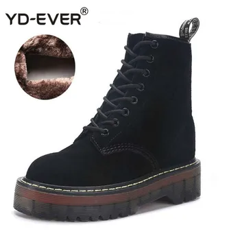 

Motorcycle Platform Boots Women Wedge Shoes Autumn Winter Fur Fashion Round Toe Lace-up Genuine Leather Boots Ladies Shoes
