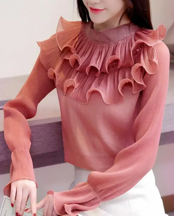 

2019 New Arrival High Quality Leisure Stand Collar Stringy Selvedge Flare Sleeve Woman Chiffon Top