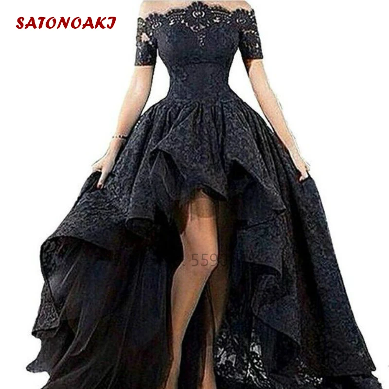 2022 Black Lace Wedding Dress Strapless Hi-Low Floor Length Off The Shoulder Short Sleeves Bridal Gown Custom Vestido De Novia 1