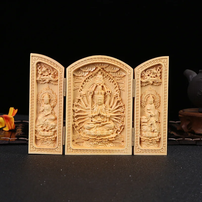 

Manufacturers Direct Selling Boxwood Wood Sculpture Three Open Buddha Statue Senju Guanyin Buddhism Ornament Wooden Handicraft G