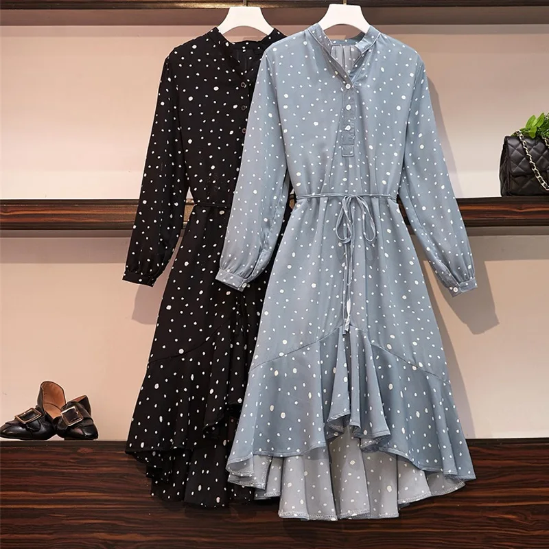 

Autumn Women Elegant Bandage Dot Print Shirt Dress Long Sleeve Casual Irregular Ruffles Hem Slim Office Lady Plus Size Vestidos