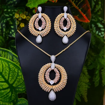 

GODKI Jimbora Gorgeous Big Round Pendant 2PCS Necklace Earrings Jewelry Set for Women Bridal Wedding Party Show Jewelry Sets