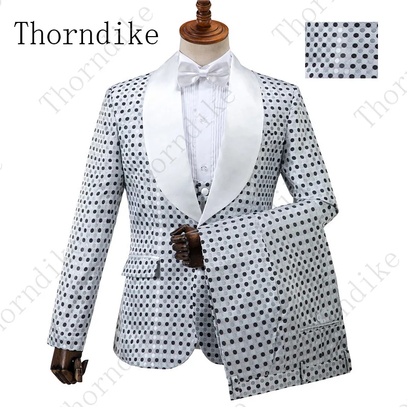 Thorndike/ новые дизайнерские мужские свадебные вечерние костюмы, Черные смокинги для жениха в горошек, лучшие мужские смокинги(куртка+ брюки+ жилет