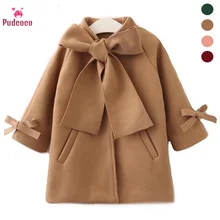 Pudcoco/шерстяное пальто для маленьких девочек; сезон зима-осень; теплый Тренч с бантом для маленьких девочек; пальто; Верхняя одежда с длинными рукавами; куртка