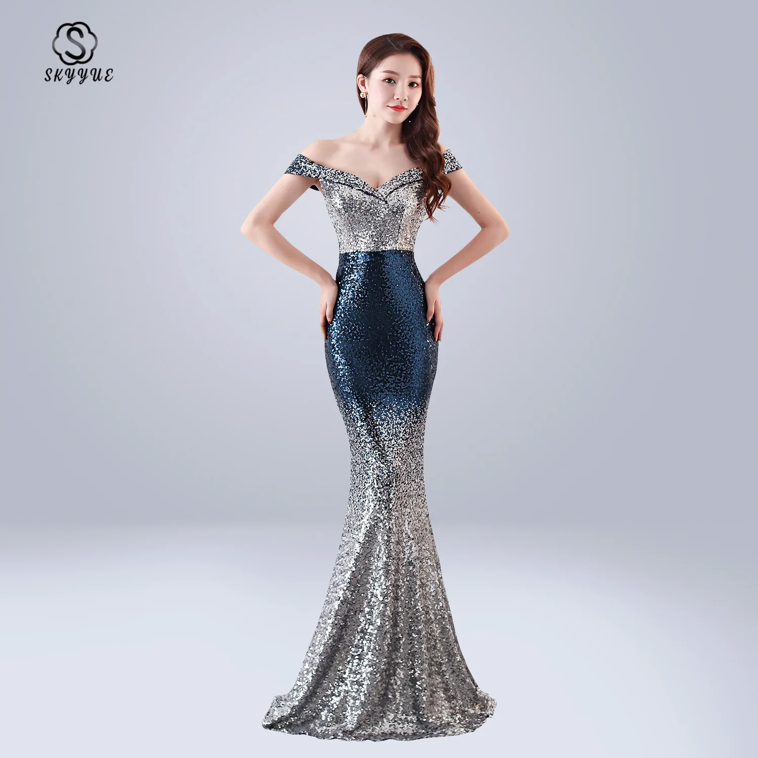 

Skyyue Boat Neck Short Sleeve Women Party Dresses Formal Gowns Off The Shoulder Sequined Evening Dress Robe De Soiree 2019 C133