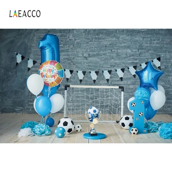 

Laeacco Football Theme Baby Birthday Party Photophone Pennant Goalkeeper Balloons Trophy Photo Backgrounds Photography Backdrops