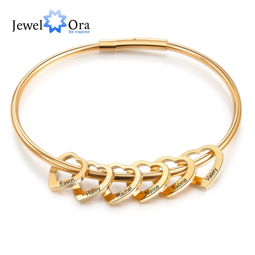 Gold-color Stainless Steel Personalized Bracelets with Hearts Customized Engraved 2-6 Names Bracelets & Bangles for Women Gift afbeelding
