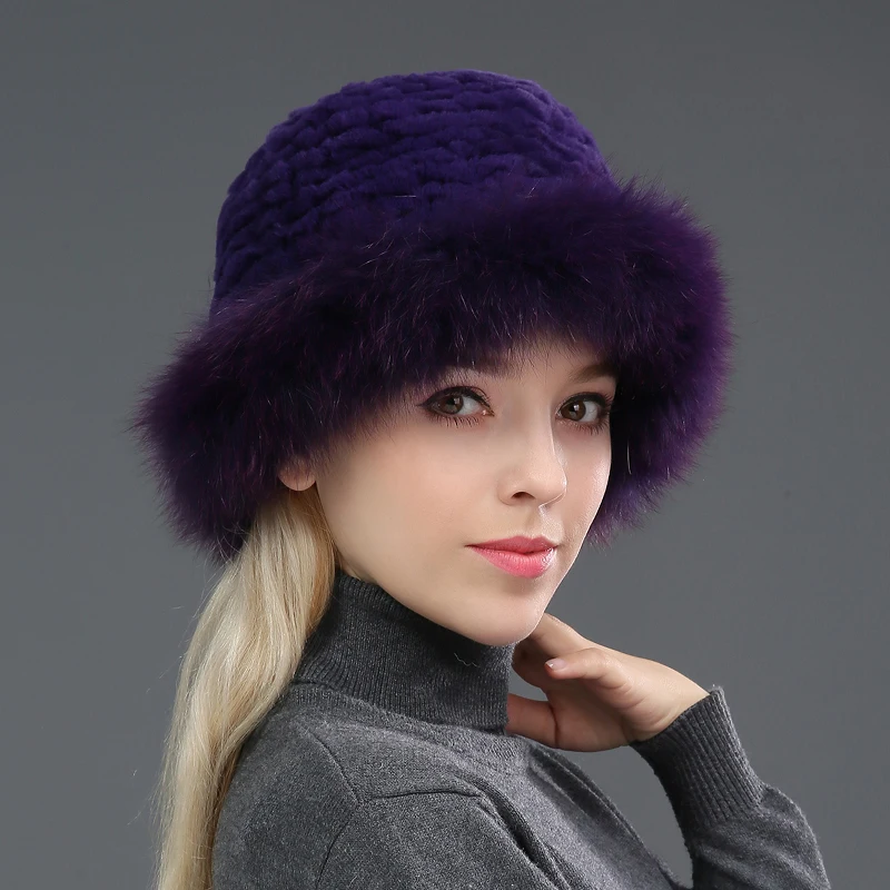 Женские меховые шапки, зимние вязаные шапки из натурального меха кролика Рекс, меховые шапки из лисьего меха, теплые зимние меховые шляпки с натуральным Кроликом, зимние меховые шляпки - Цвет: purple