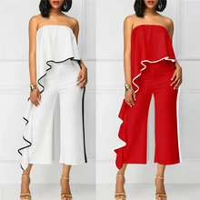 2 Colors Summer Sexy Off Shoulder Wide Leg Bodysuit Women White Red Loose OL Jumpsuits Europe Ruffle Ankle-Length Pants 2 Colors Summer Sexy Off Shoulder Wide Leg Bodysuit Women White Red Loose OL Jumpsuits Europe Ruffle Ankle-Length Pants