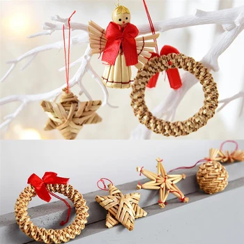 

56pcs Christmas Tree Hanging Ornament Pendants Natural Wheat Straw Handmade Mini Wreath Decor Home Natural Woven ornament GiftS