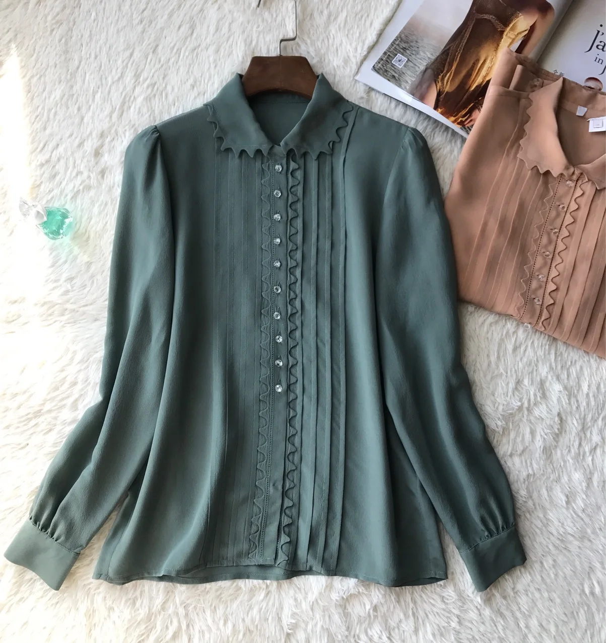 Весна/Лето 100% шелк вышивка Кристалл с длинными рукавами женская рубашка