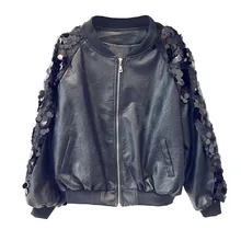 Кожаная женская куртка, пальто, осень, новинка, Корейская, свободная, с блестками, искусственная кожа, пальто, карман, тонкая, дикая, искусственная кожа, куртка, топы для женщин, GD001