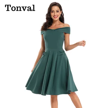 

Tonval Green Solid Bow Off Shoulder Elegant Party Vintage Dress Women Slim Fit and Flare Midi Ladies Swing Dresses