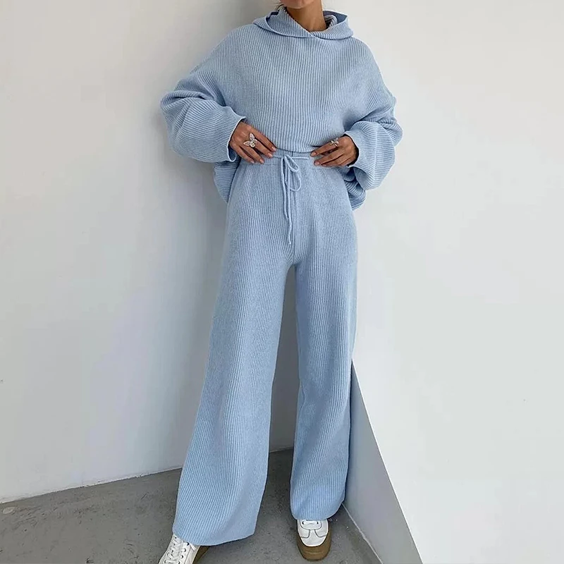 

Oeak Autumn Winter Knitted Two Piece Sweatershirt Set Women Wide Leg Pants Suit Loose Solid Gray Casual 2 Piece Set Tracksuit