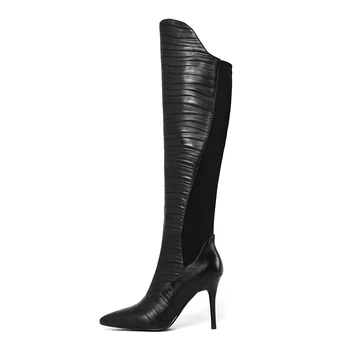

2020 Fall/Winter New Classic Fashion Ladies Boots Pleated Nightclub style High Heel Shoes Women Pointed Zipper Boots Size 33-43