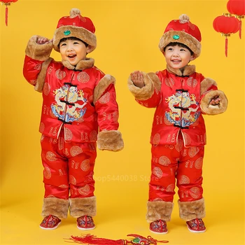 

Traditional Chinese Clothing for Men Kids Dragon Emboridery Tang Suit Baby Girl Boy New Year Clothes Chinese Red Cap Top Pants