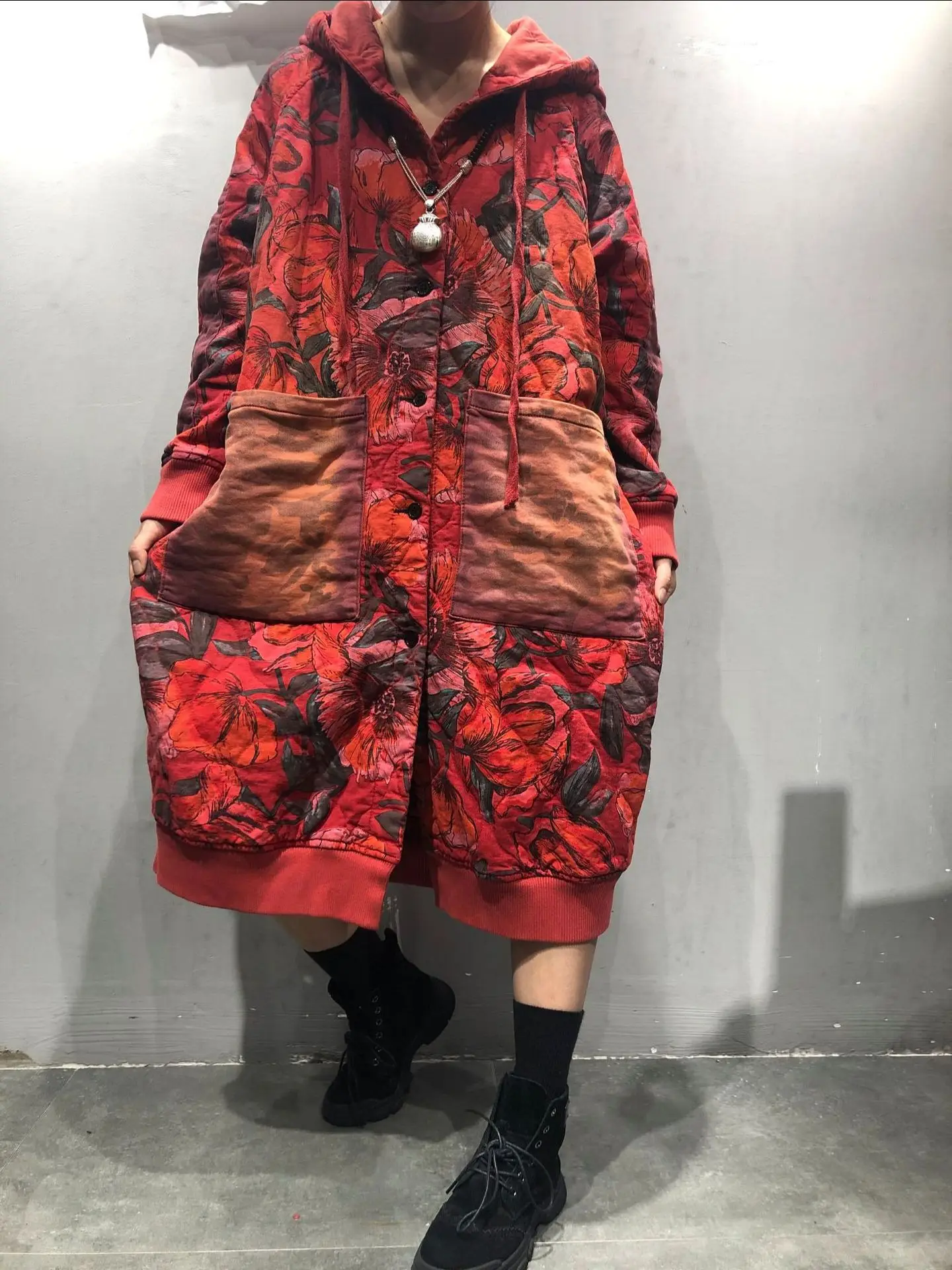 

March Produced New Style WOMEN'S Coat Autumn And Winter Retro Vintage Printed Hooded Loose And Plus-sized Cotton Coat Women's