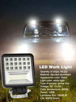 

1Pair 42LEDs 126W Car LED Work Daylight Motorcycle Off-road Die-cast Car Driving Fog Lamp Square Automobile Motorcycle Headlight