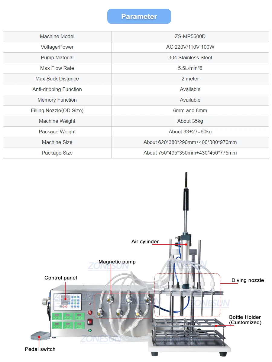 ZONESUN ZS-MP5500D 6 Diving Nozzles Magnetic Pump Liquid Filling Machine