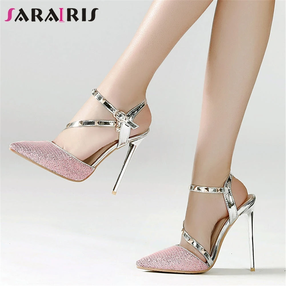 

SARAIRIS New Lady Shining Bridal Sandals Summer Sexy Extrem High Heels Sandals Women Metallic Pointed Toe Wedding Shoes Woman
