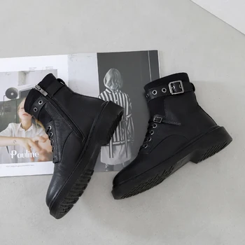 

2020 Autumn Winter genuine Leather Women's Ankle Boots Cross Tied Round Toe Thick low Heels boots Party Working Shoes Woman