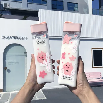 

Cute Cherry Pig Plastic Cup Cartoon Square Transparent Straight Cups with Lid 400ml Large Capacity Travel Portable Water Bottles