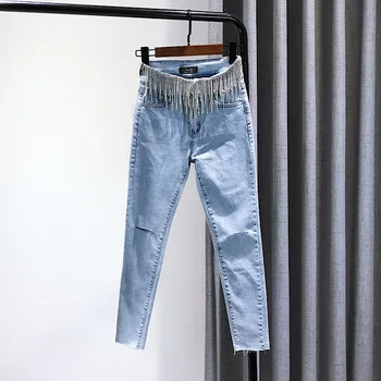 

Diamond Tassels Cool High Waist Jeans Women's Spring Summer Clothing New Light Blue Slim Fit Elastic Holes Pencil Pants Jeans
