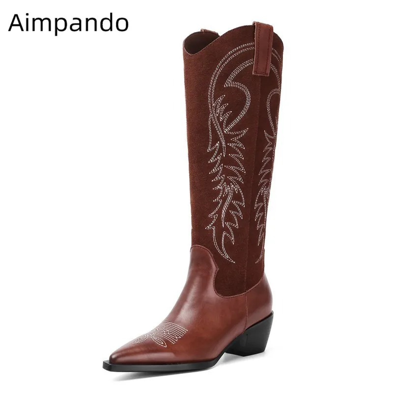 

Genuine Leather Patchwork Botas Mujer Sewing Pattern Autumn Winter Mid Calf Boots Women Fashion Pointed Toe Slim Knight Boots