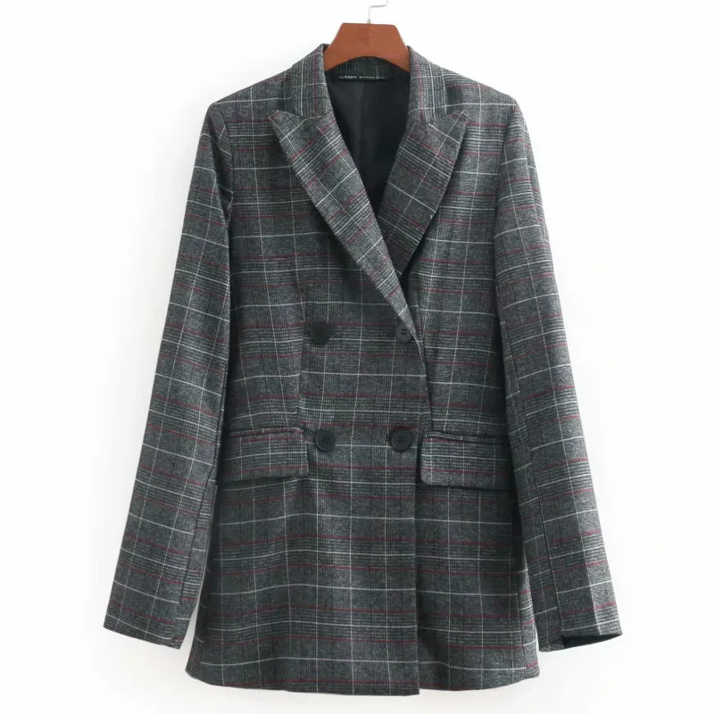Plaid Клетчатый женский костюм осенний двубортный женский Блейзер Пальто Ретро Повседневный женский пиджак средней длины Топ - Цвет: Plaid