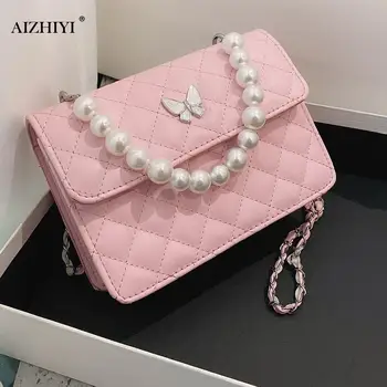 

Fashion Lattice Pattern PU Shoulder Bags Women Pearl Butterfly Handbags Totes Female Leather Casual Travel Crossbody Pouch