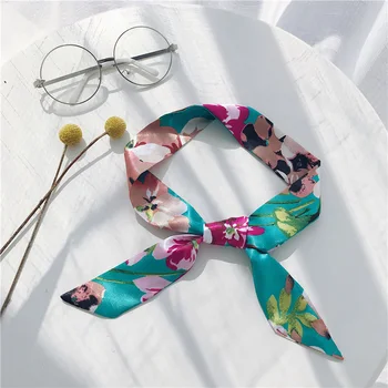 

Scarf 95cm Neckerchief Women Korean Autumn Silk Printed Small Ribbon Colorful Elegant All-match Stylish Wild Green Flowers