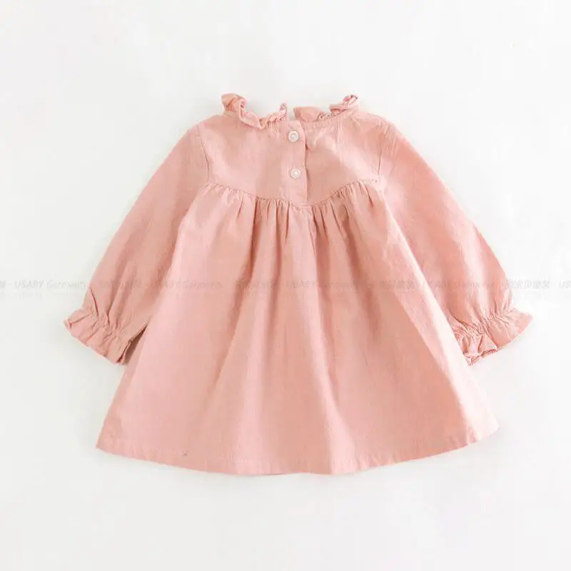 Autumn Long Sleeve Cotton Linen Children Sweet Pink Green Color Baby Children Kids Girls Dress Cute Clothes girls dress