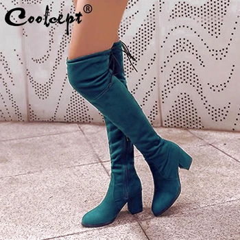 

Coolcept Plus Size 32-48 Over The Knee Boots Women Square High Heeled Lace Up Winter Fall Shoes For Women Suede Warm Footwear