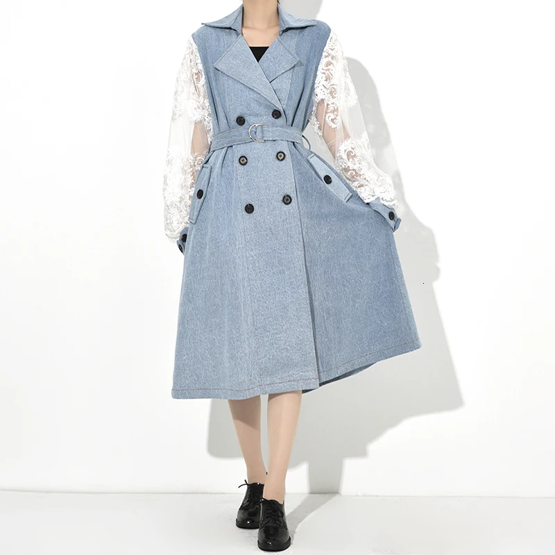 [EAM] Women Blue Lace Split Double Breasted Trench New Lapel Long Sleeve Loose Fit Windbreaker Fashion Autumn Winter 1B0970