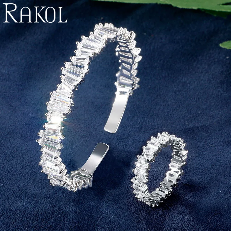 White Color RAKOL модные роскошные инкрустация окисления для женщин комплект ювелирных изделий Свадебные обручение кристалл браслет кольцо платье аксессуары RS03053 - Окраска металла: White Color