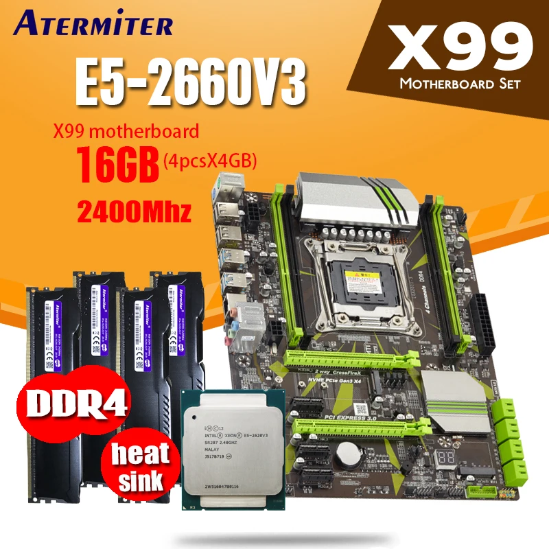 Atermiter X99 материнская плата Процессор RAM набор с intel Xeon E5 2660 V3 4 шт * 4 ГБ = 16 Гб теплоотвод 2400 МГц DDR4 память PC4|Материнские платы| | АлиЭкспресс