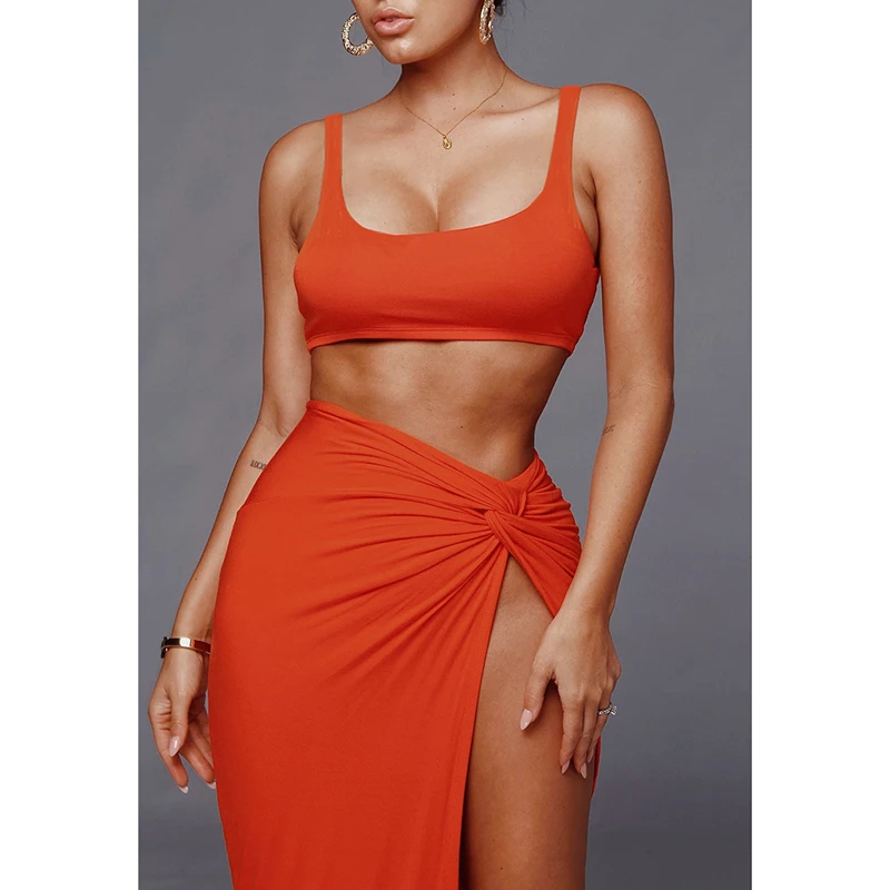 Fashion Female Long Skirt New Sling Tube Top Mid-Length Solid Color High Split 2-Piece Summer Suit For Women Lady Skirts Suits Fashion Female Long Skirt New Sling Tube Top Mid-Length Solid Color High Split 2-Piece Summer Suit For Women Lady Skirts Suits