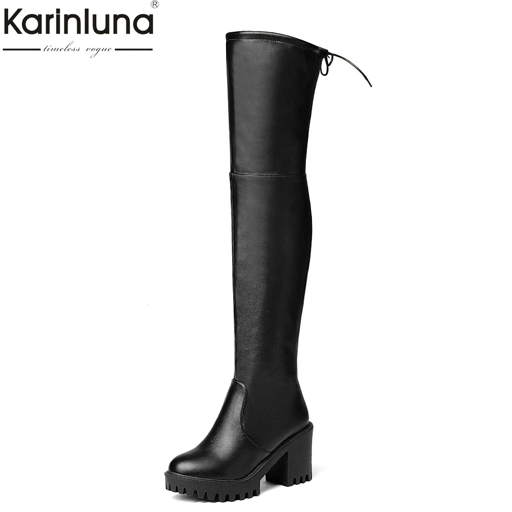 Karinluna/ г., модные сапоги выше колена больших размеров 43 Женская обувь женские ботинки на высоком квадратном каблуке для отдыха женская обувь